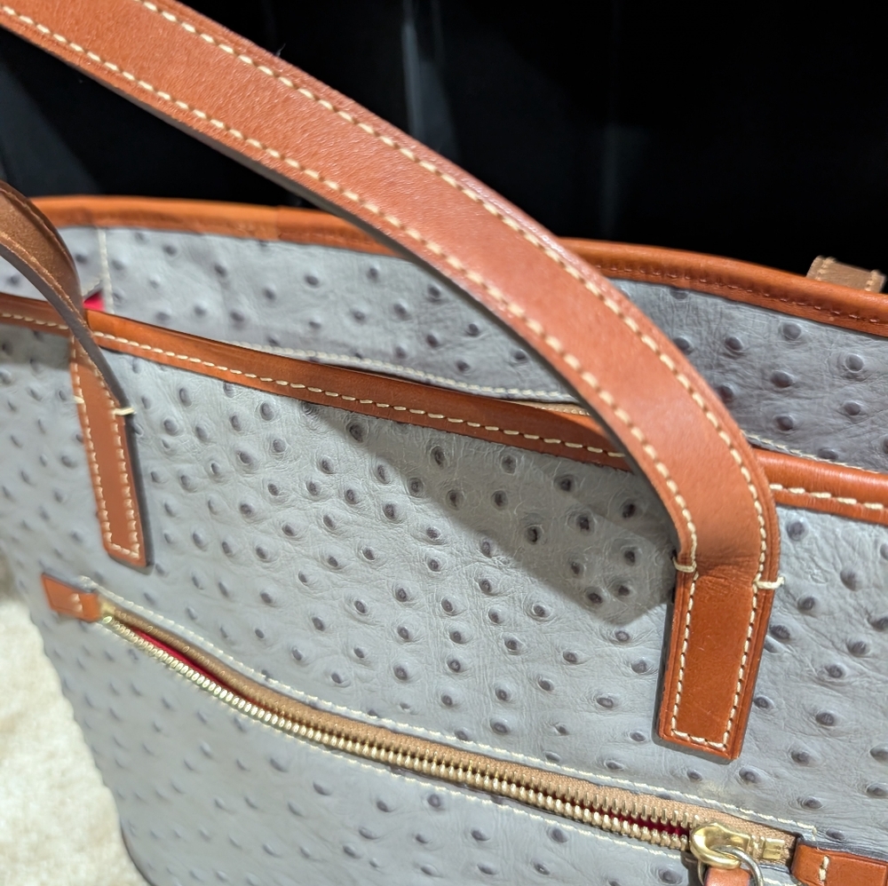 Dooney & Bourke Ostrich Leather Gray and Brown Tote - Picture 8 of 17
